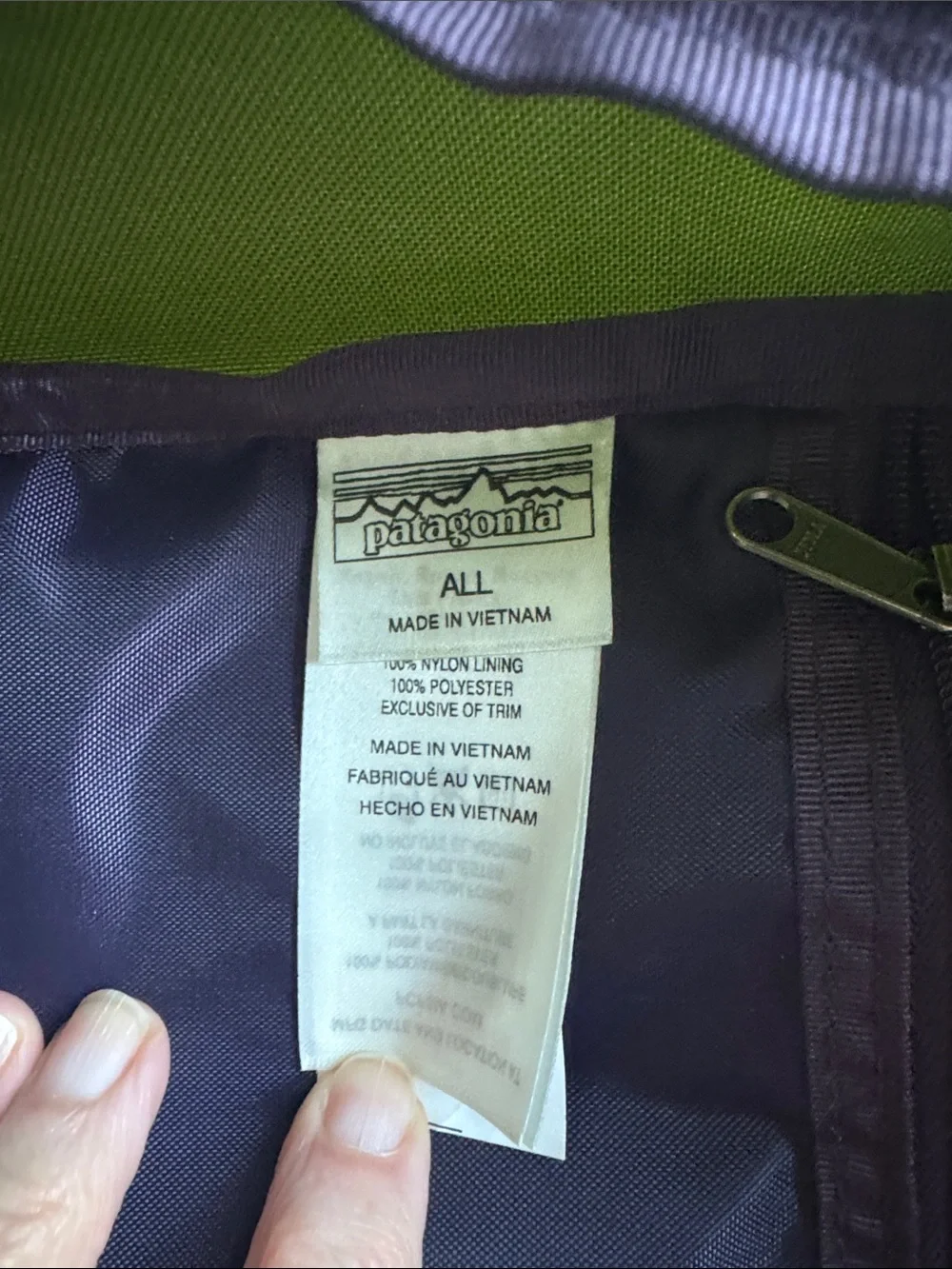 Patagonia Atom 18L Olive Green Backpack with Purple Accents